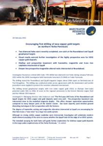ASX/Media Release  18 February 2015 Encouraging first drilling of new copper gold targets on northern Yorke Peninsula