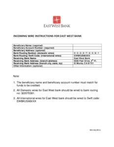 INCOMING WIRE INSTRUCTIONS FOR EAST WEST BANK Beneficiary Name: (required) Beneficiary Account Number: (required) Beneficiary Address: (optional) Bank Routing Number: (domestic wires) Bank Routing/ Swift Code: (internati