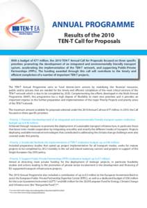 ANNUAL PROGRAMME Results of the 2010 TEN-T Call for Proposals With a budget of €77 million, the 2010 TEN-T Annual Call for Proposals focused on three specific priorities: promoting the development of an integrated and 