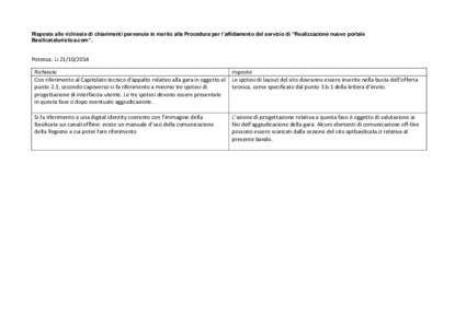 Risposte alle richieste di chiarimenti pervenute in merito alla Procedura per l’affidamento del servizio di “Realizzazione nuovo portale Basilicataturistica.com”. Potenza. Li[removed]Richieste Con riferimento al