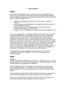 Forum evaluation Process As with the 2005 and 2006 Forums, an evaluation survey was developed on the basis of the Forum objectives, which were to provide an opportunity for Indigenous and non-Indigenous people who are wo