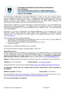 LECTURERS IN MATHEMATICS AND APPLIED MATHEMATICS  (Two Positions)