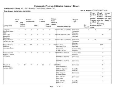 Community Program Utilization Summary Report Collaborative Group VARoanoke City & County/Salem CoC Date Range: Active User