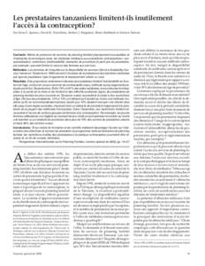 Les prestataires tanzaniens limitent-ils inutilement l’accès à la contraception? Par Ilene S. Speizer, David R. Hotchkiss, Robert J. Magnani, Brian Hubbard et Kristen Nelson Contexte: Même en présence de services d