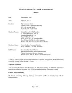 BOARD OF VETERINARY MEDICAL EXAMINERS Minutes Date: December 8, 2005