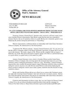 Office of the Attorney General Paul G. Summers NEWS RELEASE FOR IMMEDIATE RELEASE Aug. 26, 2005