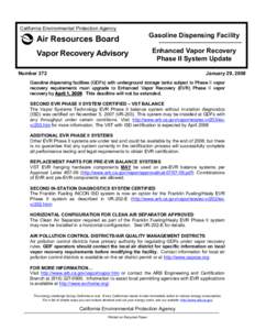 California Environmental Protection Agency  Air Resources Board Vapor Recovery Advisory  Gasoline Dispensing Facility