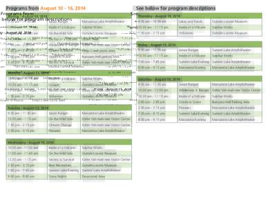 Programs from August[removed], 2014  See below for program descriptions Thursday - August 14, 2014  Sunday - August 10, 2014