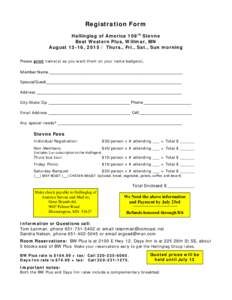 Registration Form Hallinglag of America 108th Stevne Best Western Plus, Willmar, MN August 13-16, Thurs., Fri., Sat., Sun morning Please print name(s) as you want them on your name badge(s).