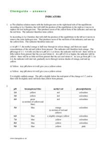 Chemguide – answers INDICATORS 1. a) The alkaline solution reacts with the hydrogen ions on the right-hand side of the equilibrium. According to Le Chatelier, that will shift the position of the equilibrium to the righ