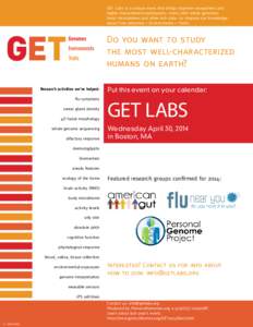 GET Labs is a unique event that brings together researchers and highly characterized participants—many with whole genomes, body microbiomes and other rich data—to improve our knowledge about how Genomes + Environment