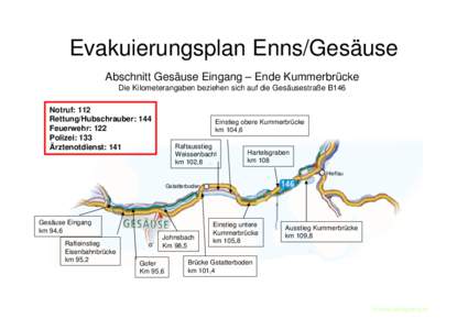 Evakuierungsplan Enns/Gesäuse Abschnitt Gesäuse Eingang – Ende Kummerbrücke Die Kilometerangaben beziehen sich auf die Gesäusestraße B146