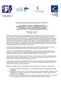 U.S. Business Council for Sustainable Energy Intervention to the Tenth Conference of the Parties to the UNFCCC The US Business Council for Sustainable Energy (BCSE) The European Business Council for a Sustainable Energy 