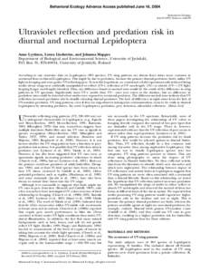 Behavioral Ecology Advance Access published June 16, 2004 Behavioral Ecology doi:beheco/arh102 Ultraviolet reflection and predation risk in diurnal and nocturnal Lepidoptera