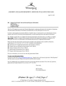 ASSESSMENT AND TAXATION DEPARTMENT • SERVICE DE L’ÉVALUATION ET DES TAXES  April 12, 2013 RE: Request for Property Sale and Income/Expense Information Roll Number: