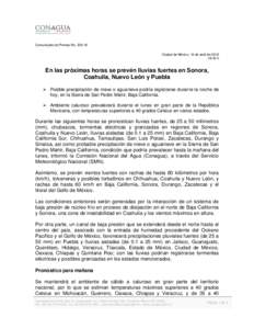 Comunicado de Prensa NoCiudad de México, 10 de abril de:45 h En las próximas horas se prevén lluvias fuertes en Sonora, Coahuila, Nuevo León y Puebla