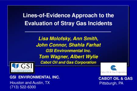 Lines-of-Evidence Approach to the Evaluation of Stray Gas Incidents Lisa Molofsky, Ann Smith, John Connor, Shahla Farhat GSI Environmental Inc.