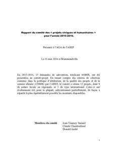 Rapport du comité des < projets civiques et humanitaires > pour l’annéePrésenté à l’AGA de l’AREF  Le 11 mai 2016 à Drummondville