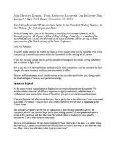 John Maynard Keynes, “From Keynes to Roosevelt: Our Recovery Plan Assayed,” New York Times, December 31, 1933 The British Economist Writes an Open Letter to the President Finding Reasons, in