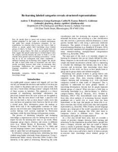 Re-learning labeled categories reveals structured representations Andrew T. Hendrickson; George Kachergis; Caitlin M. Fausey; Robert L. Goldstone ({athendri, gkacherg, cfausey, rgoldsto} @indiana.edu) Department of Psych