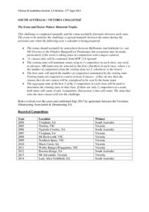 Policies & Guidelines Section 1.4 Written 27th Sept[removed]SOUTH AUSTRALIA / VICTORIA CHALLENGE The Irena and Dexter Palmer Memorial Trophy This challenge is conducted annually and the venue normally alternates between ea