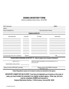 ENDING INVENTORY FORM (Must be completed at close of Camp. NO LATER!) PRINT Camp Name  CUST #