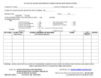STATE OF MAINE REPORTING FORM FOR RADON MITIGATORS