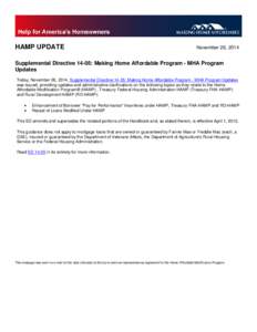 HAMP UPDATE  November 26, 2014 Supplemental Directive 14-05: Making Home Affordable Program - MHA Program Updates