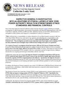 NEWS RELEASE From New York State Inspector General Catherine Leahy Scott FOR IMMEDIATE RELEASE: December 13, 2013 Contact Bill Reynolds: [removed]