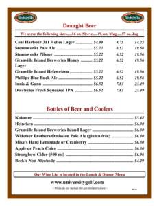 Draught Beer We serve the following sizesoz. Sleeveoz. Mugoz. Jug Coal Harbour 311 Helles Lager ................ $4.00 Steamworks Pale Ale ................................... $5.22 Steamworks Pil