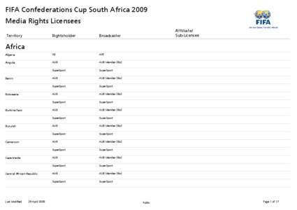 FIFA Confederations Cup South Africa 2009 Media Rights Licensees Territory