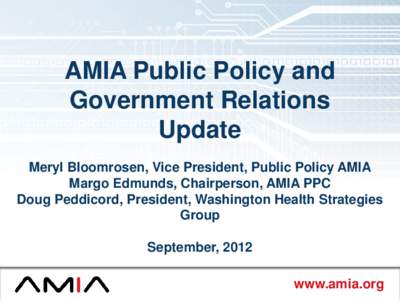 AMIA Public Policy and Government Relations Update Meryl Bloomrosen, Vice President, Public Policy AMIA Margo Edmunds, Chairperson, AMIA PPC Doug Peddicord, President, Washington Health Strategies