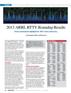 Feature  RADIOSPORT RADIOSPORT RADIOSPORT RADIOSPO 2013 ARRL RTTY Roundup Results Record participation highlights the “RR’s” silver anniversary.