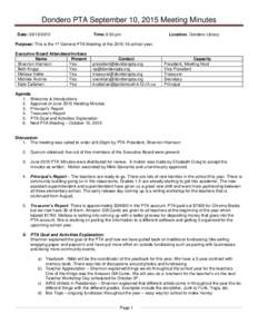 Dondero PTA September 10, 2015 Meeting Minutes Date: Time: 6:30 pm  Location: Dondero Library