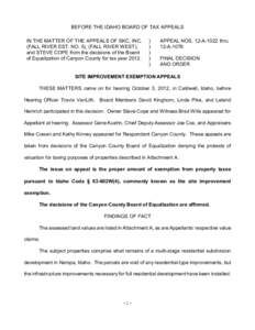 BEFORE THE IDAHO BOARD OF TAX APPEALS IN THE MATTER OF THE APPEALS OF SKC, INC. (FALL RIVER EST. NO. 5), (FALL RIVER WEST), and STEVE COPE from the decisions of the Board of Equalization of Canyon County for tax year 201