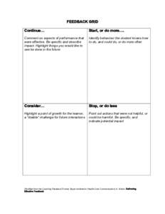 FEEDBACK GRID Continue… Start, or do more….  Comment on aspects of performance that