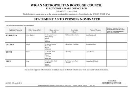 WIGAN METROPOLITAN BOROUGH COUNCIL ELECTION OF A WARD COUNCILLOR THURSDAY, 22 MAY 2014 The following is a statement as to the persons nominated for election of a Councillor for the WIGAN WEST Ward