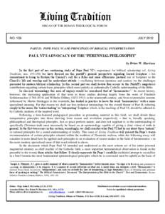 ORGAN OF THE ROMAN THEOLOGICAL FORUM  NO. 159 JULY 2012 PART II: POPE PAUL VI AND PRINCIPLES OF BIBLICAL INTERPRETATION