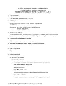 SCIO TOWNSHIP PLANNING COMMISSION 827 North Zeeb Road, Ann Arbor, Michigan 48l03 MEETING MINUTES OF MONDAY, AUGUST 26, [removed]CALL TO ORDER Chair Kangas called the meeting to order at 7:07 p.m.