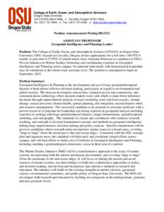 College of Earth, Ocean, and Atmospheric Sciences Oregon State University 104 CEOAS Admin Bldg  Corvallis, Oregon[removed]Tel: ([removed]  Fax: ([removed]  www.ceoas.oregonstate.edu  Position Announce