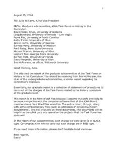 1 August 25, 2008 TO: Julie Williams, AJHA Vice President FROM: Graduate subcommittee, AJHA Task Force on History in the Curriculum David Sloan, Chair, University of Alabama