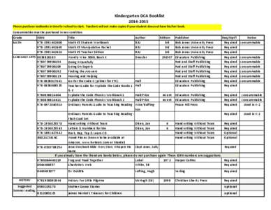 Kindergarten DCA Booklist[removed]Please purchase textbooks in time for school to start. Teachers will not make copies if your student does not have his/her book. Consummables must be purchased in new condition.  Grade