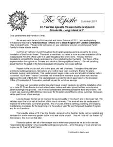 The Epistle  Summer 2011 St. Paul the Apostle Roman Catholic Church Brookville, Long Island, N.Y.