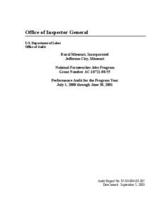 Office of Inspector General U.S. Department of Labor Office of Audit Rural Missouri, Incorporated Jefferson City, Missouri