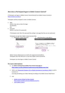 How does a Participant logon to Adobe Connect Central? A Participant can logon to Adobe Connect Central directly from Adobe Connect Central at http://connect.csu.edu.au Participants will be prompted to enter an Adobe Con