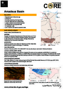 Amadeus Basin key points •	 Neoproterozoic to Devonian age •	 170,000 km2 •	 Currently producing oil and gas basin •	 Very few wells away from existing fields