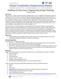 Building for Hurricanes: Engineering Design Challenge Teacher Guide Overview: This activity is a short engineering design challenge that can be completed by individual students or small teams. It can be done by students 