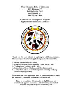 Otoe-Missouria Tribe of Oklahoma 8151 Highway 177 Red Rock, OK[removed]4466, x212[removed], Fax Childcare and Development Program