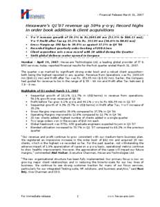 - Financial Release March 31, 2007  Hexaware’s Q1’07 revenue up 50% y-o-y; Record highs