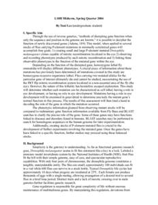 L10H Midterm, Spring Quarter 2004 By Toni Lee (undergraduate student) I. Specific Aim Through the use of reverse genetics, “methods of disrupting gene function when only the sequence and position in the genome are know